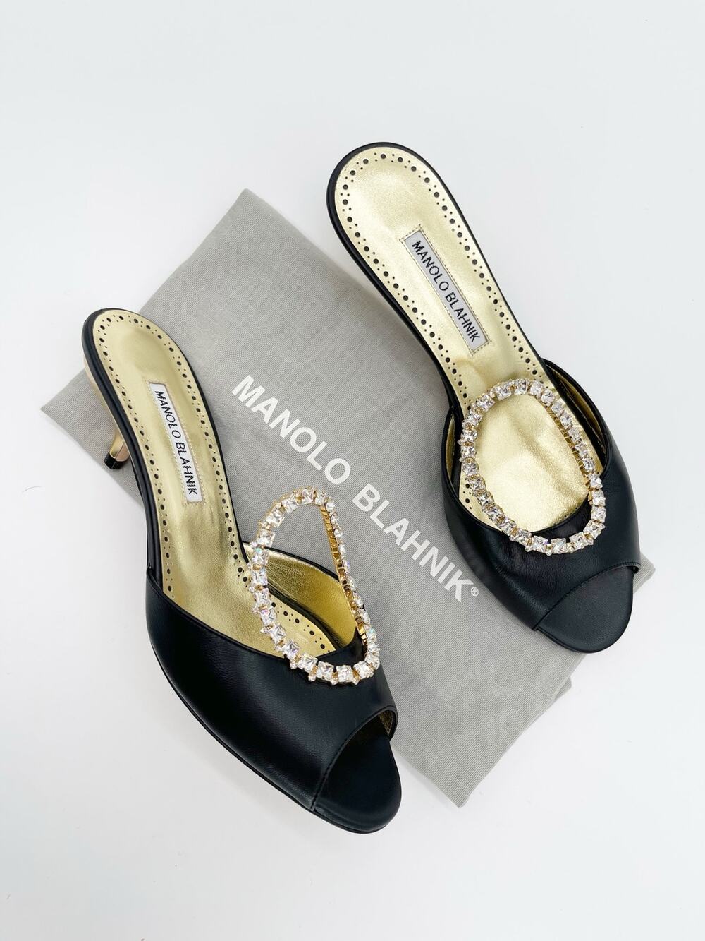 Manolo Blahnik Astria Black Gold Leather Crystal Ring Slide Mule Sandals IT 39